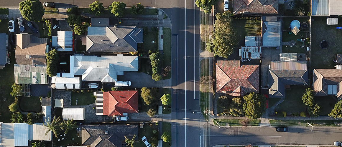 A neighborhood of houses viewed from above