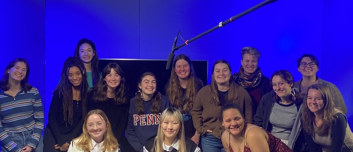Students in the History of US Television class at the Northampton Open Media studio.