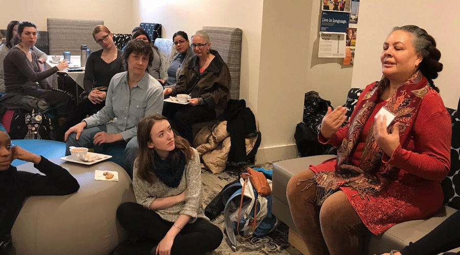 Susi Ryan and Sisters in Stitches Joined By the Cloth, a quilt guild based in Holbrook, Massachusetts, spoke at the Jan. 31 Interfaith Lunch on the theme of Engaging Art and Identity: Quilting Our Lives Together.