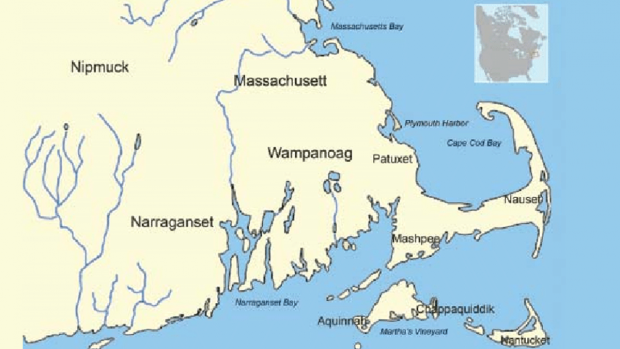 Map of Massachusetts indicating where indigenous tribes lived