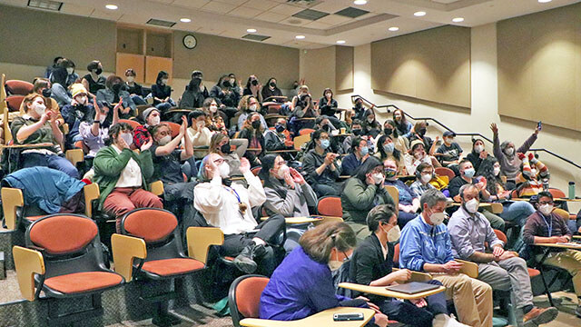 At Mount Holyoke’s annual Latke-Hamentaschen Debate, community members square off to argue why their team’s Jewish delicacy is better. Photo credit: Margaret Berry '25.