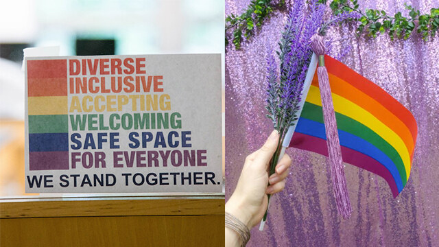 A sign that reads "Diverse, Inclusive, Accepting, Welcoming, Safe Space for Everyone" next to a hand holding a rainbow flag
