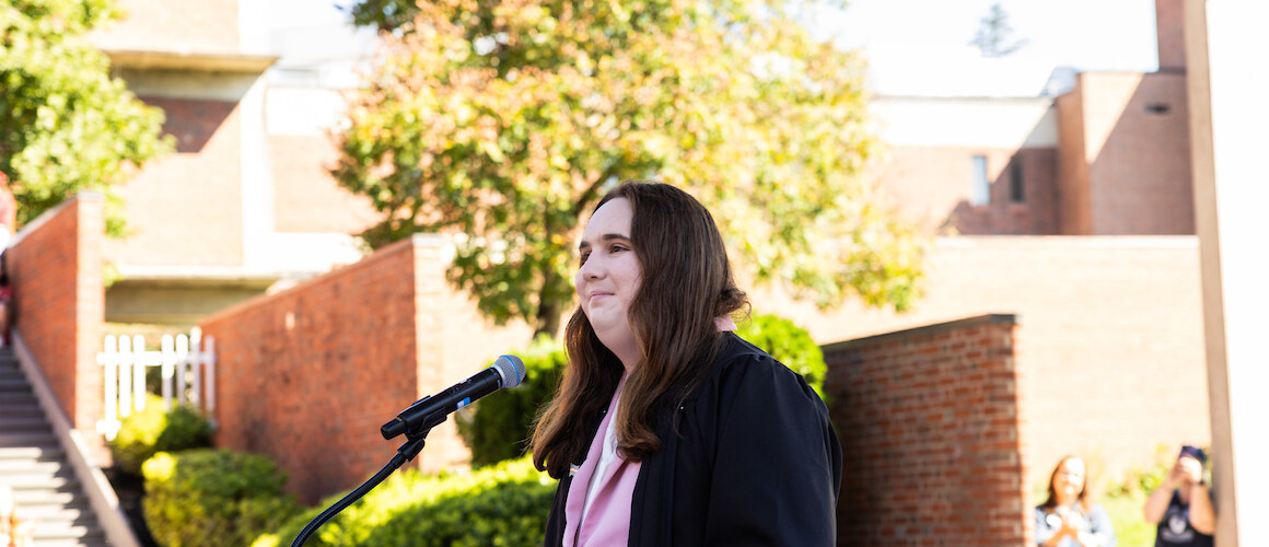 Lily E. Rood ’27 speaking at Convocation in fall 2024.
