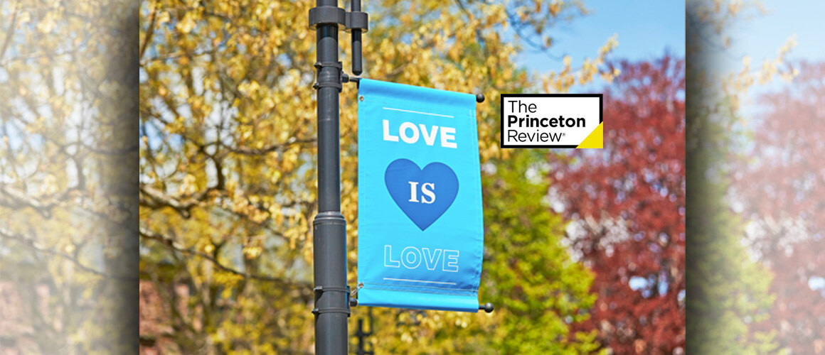 Banner for “Love is Love” on Mount Holyoke College’s campus with the Princeton Review logo in the lower right hand corner