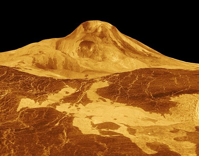 Maat Mons, a Venusian volcano, in an image produced by NASA’s Jet Propulsion Laboratory