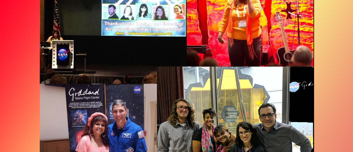 A collage of me singing at a conference, a picture of me and my team taken a few weeks ago in front of the JWST telescope at work, a picture of me giving a talk at NASA HQ last year, and meeting an astronaut at Goddard.