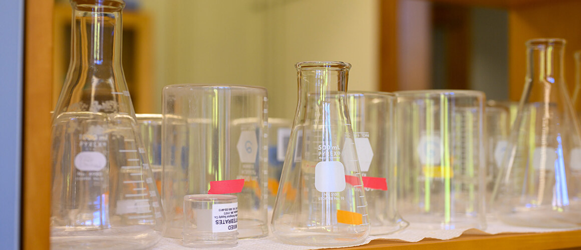HHMI Lab, various glass beakers used in scientific experiments
