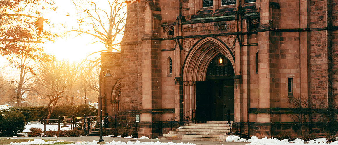 Mount Holyoke College Abbey Chapel in late afternoon winter light. Photo by Max Wilhelm, December 2024.