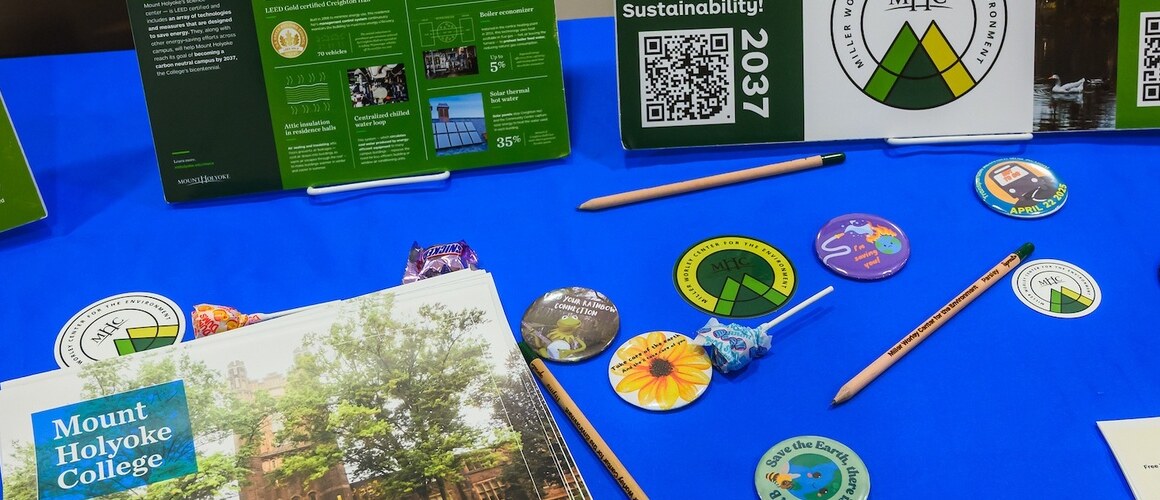 A table for the Summit on Feminist Leadership in Climate Justice with information, pins, pens, and other swag.