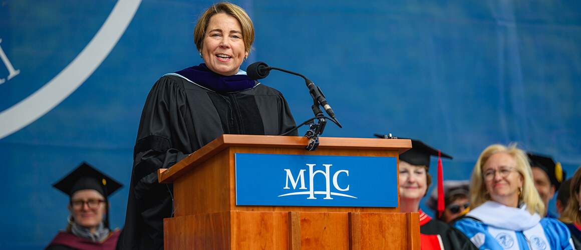 Governor Maura Healey speaks at Mount Holyoke’s Commencement on May 25, 2025.