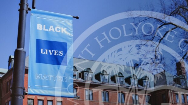 A "Black Lives Matter" banner on a lamp post at MHC.