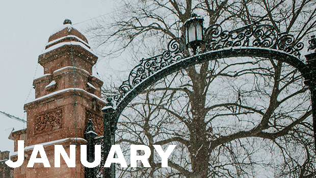 MHC gates with white text that reads January