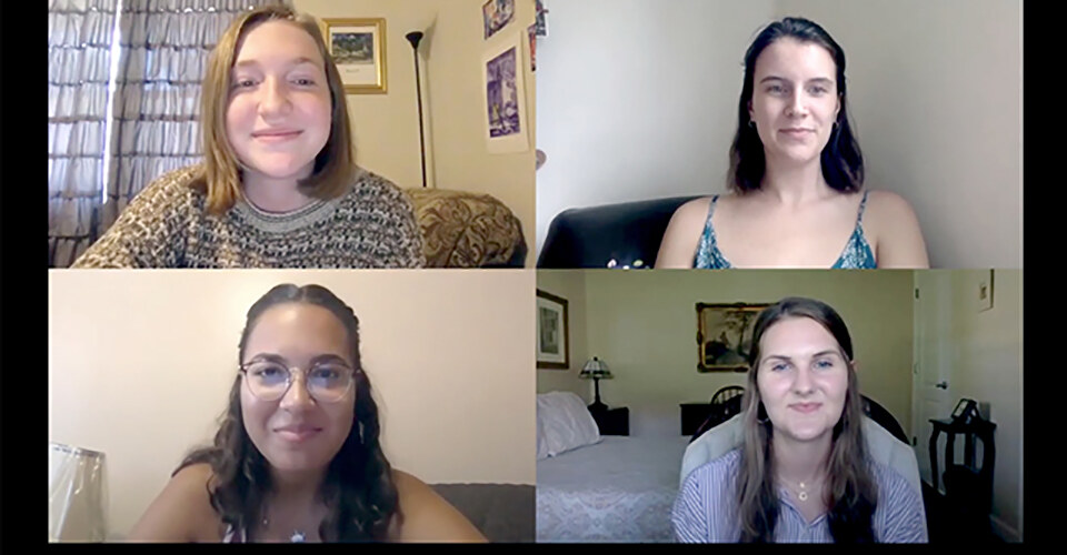 Students (clockwise from top left) Emma Watkins ’23, Lily James ’21, Kate Murray ’22 and Jaxzia Perez ’22 created a video to provide information on voting for their fellow Mount Holyoke students.