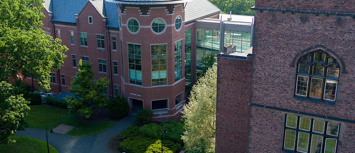 An aerial view of the science building on campus.