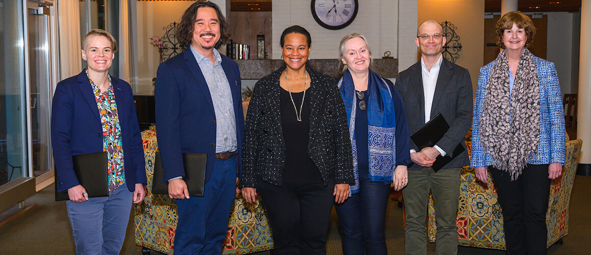 From left to right: Kerstin Nordstrom, Tianhui Ng, President Danielle R. Holley, Eleanor Townsley, Desmond Fitz-Gibbon and Provost Lisa Sullivan. Not pictured: Mark Shea.