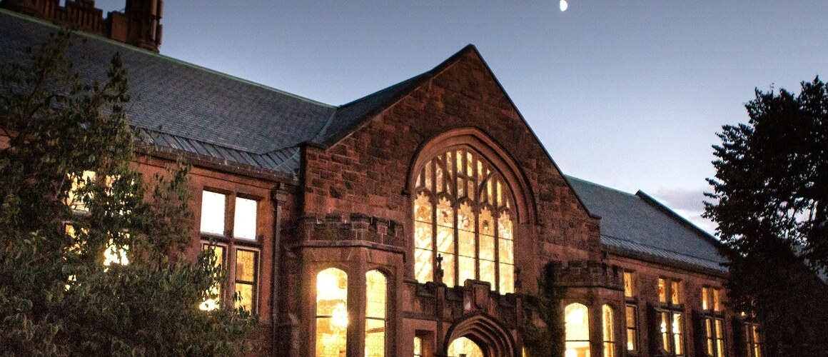 Mount Holyoke College Williston Library lit up from inside in 2024.