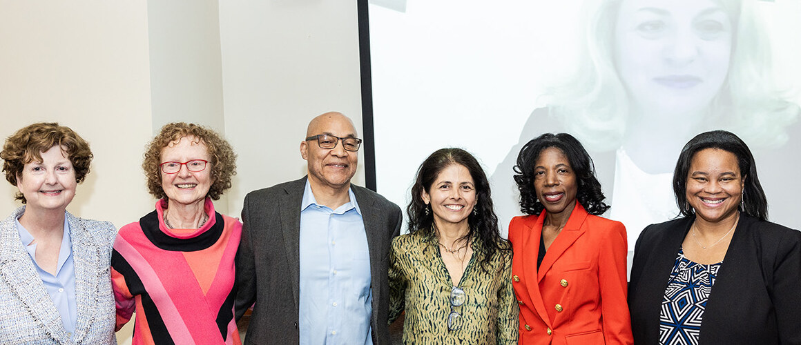 From l-r: Provost Lisa Sullivan, Eva Paus, Preston Smith II, Patricia Brennan, Patricia Banks, President Daneille R. Holley. On screen: Morena Svaldi.