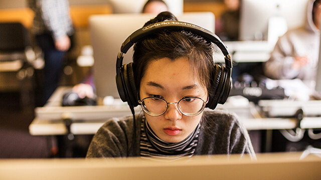 Digital arts in action: Younghoo Cho ’19 took Acoustic Ecology and Sonic Art, taught by music professor Thomas Ciufo, in the new digital music lab in Pratt Hall.