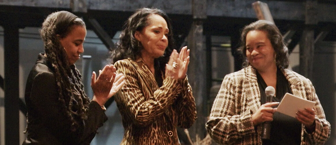 Suzan-Lori Parks ‘85 (left) and Debra Martin Chase ‘77 (center) join Mount Holyoke College President Danielle Holley (right) on stage at the Bernard B. Jacobs Theatre in New York City on Nov. 17.