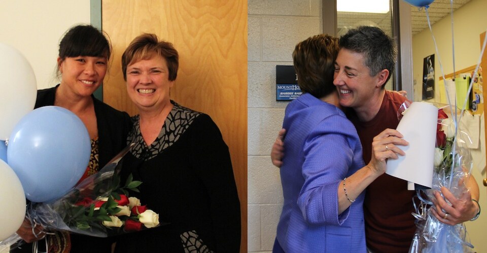 Erica DeBlase (left) and Bardee Sadlier (right) received awards from President Lynn Pasquerella. Photos by Grace Fitzpatrick.