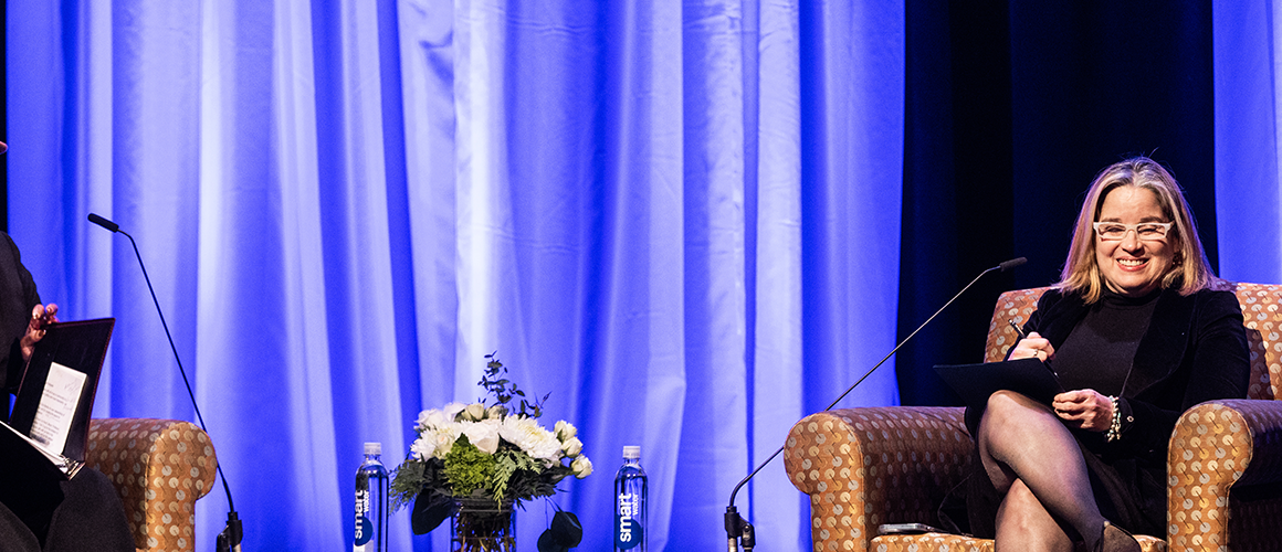Rep. Ayanna Pressley (left) and Weissman Fellow for Leadership Carmen Yulín Cruz held a lively discussion in Mount Holyoke College’s Chapin Auditorium.