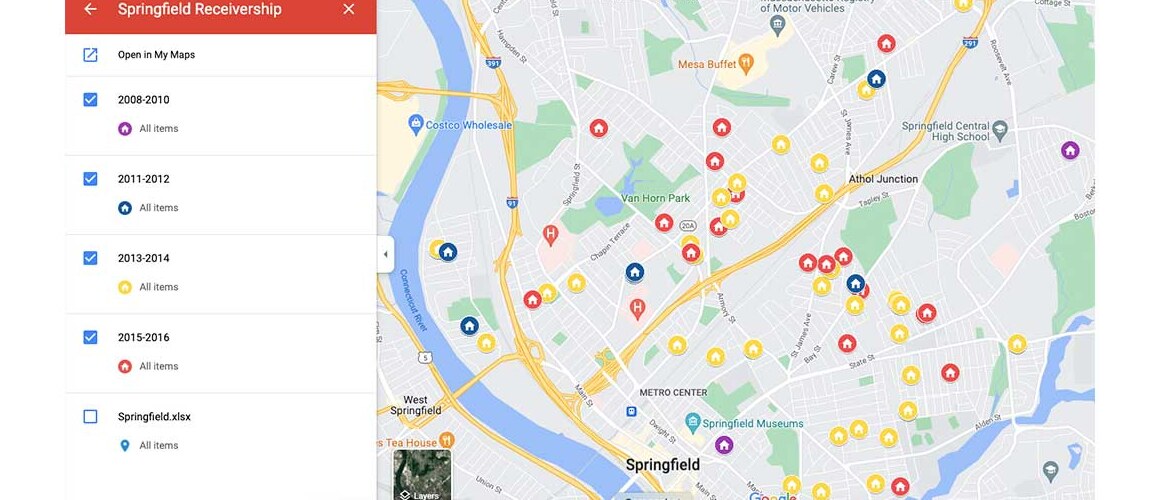A map of Springfield, Mass. homes in receivership, as plotted by Mount Holyoke College students and staff.