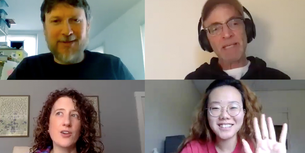 From top left to right: Zooming with Mark Shea, Sam Ace, Chisato Kimura ’22 and Katie McMenimen on their experiences with remote learning.