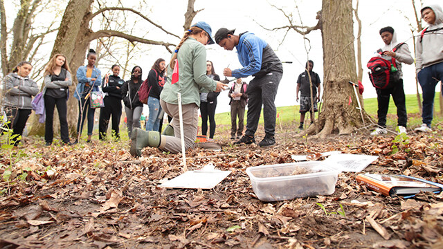 Kate Ballantine with a group of students examining a soil sample on the Project Stream site.