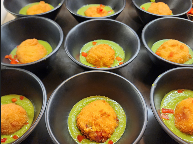 Roasted Arancini with minted pea purée is one of the many vegan dishes available from Dining Services.