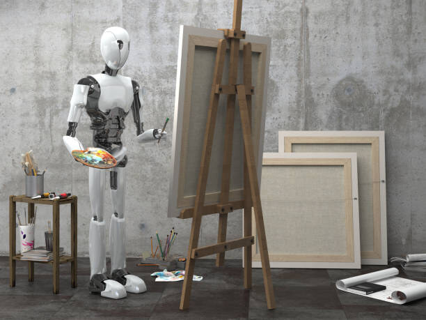 A robot stands near an easel with a paint brush in one hand and a pallette in the other