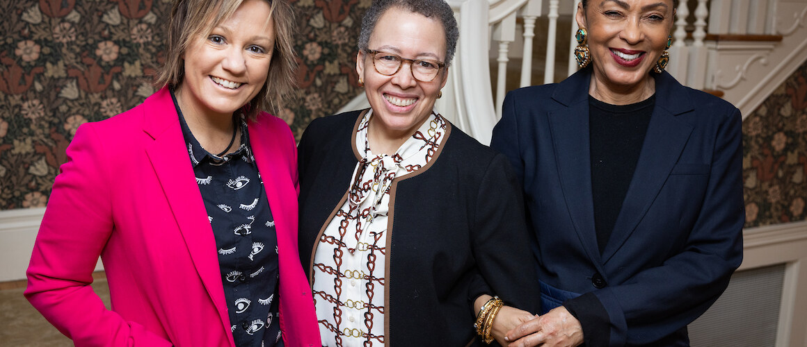 From l-r: Sarah Spillane, Interim President Beverly Daniel Tatum and Debra Martin Chase ’77