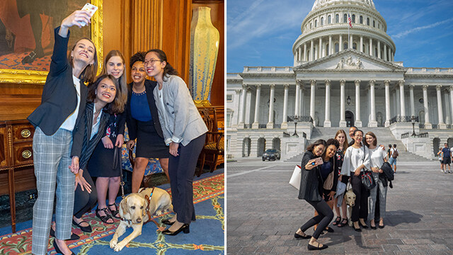Indoor/outdoor selfies (indoor, from left): MHC Semester in D.C. seniors Beth Wagoner, Linh Nguyen, Melissa Carney, Angelica Mercado and Jiayu Wang pose in the Rayburn Reception Room in the Capitol. Calvin Chen, director, joins them outside.
