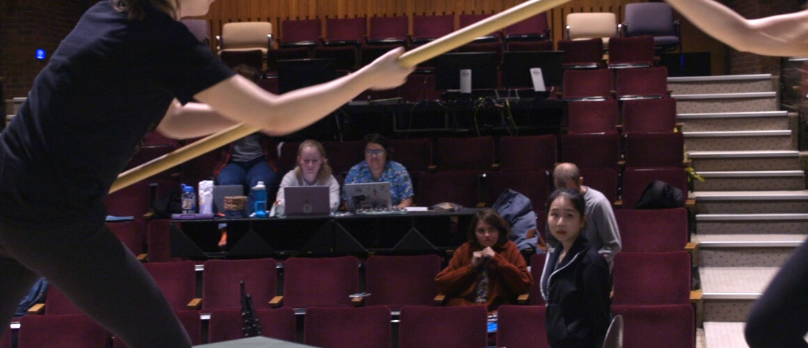 D&amp;D comes to life in the play “She Kills Monsters”: Kaliope (Adelia Brown ’22, left) uses the quarterstaff to knock out Farrah the Faerie (Ezri Braid-Grizzell ’23) so she can move forward in the adventure.