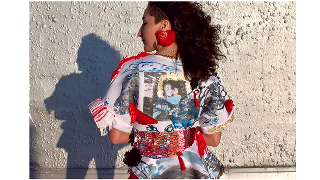 “National Dress,” by Sophia Hess ’22. Hess is a queer artist with a multinational heritage living on Tongva territory, also known as Los Angeles, California. She is currently studying studio art and environmental studies.
