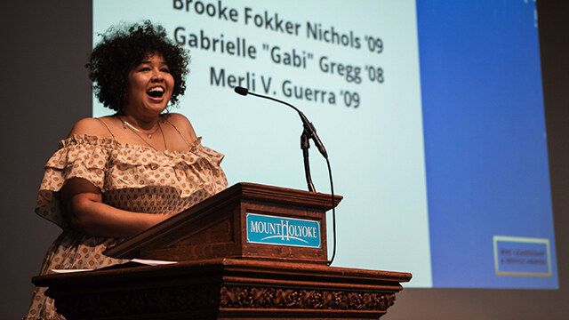 Accepting the Mary Lyon Award to young alumnae.