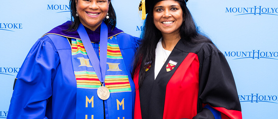 President Holley (left) and Suchi Saria ’04 at Mount Holyoke College’s Commencement in 2024