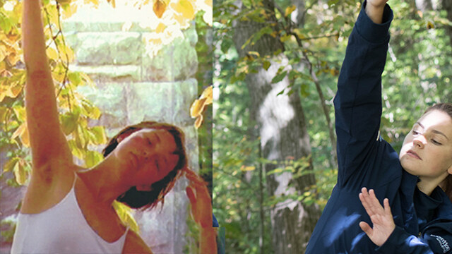 As an undergraduate, visiting artist Terre Vandale ’02 (left) danced all over campus as part of an independent study during the 2001–2002 academic year. Now Vandale is teaching students like Ali Griffin ’20 (right) about environmental dance.