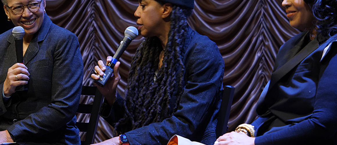 Interim President Beverly Daniel Tatum speaking with Suzan-Lori Parks ’85 and Debra Martin Chase ’77 on stage following a performance of “Topdog/Underdog”