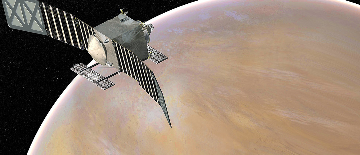 Artist's concept of the Venus Emissivity, Radio Science, InSAR, Topography, and Spectroscopy (Veritas) spacecraft, a proposed mission for NASA's Discovery program. Courtesy NASA/JPL.