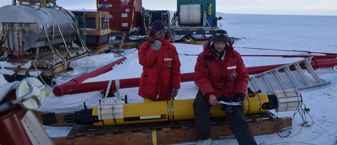 Doing research in Antarctica, Catherine Walker ’07 worked on a team that sent submersibles under the McMurdo Ice Shelf. Photo credit: Jacob Buffo, Georgia Institute of Technology