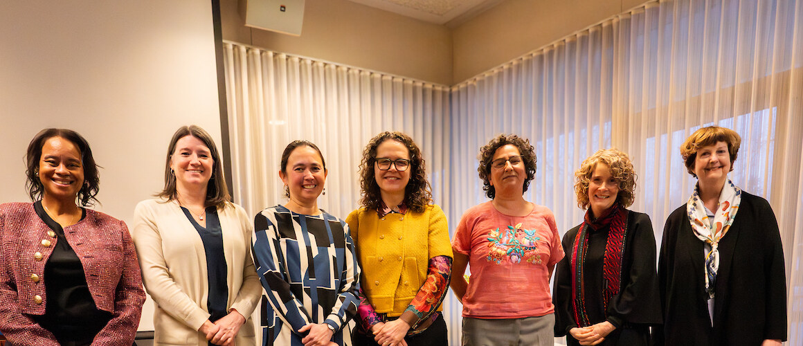(From left to right): President Danielle R. Holley, Mara Breen, Naomi Darling, Ligia Bouton, Amina Steinfels, Sabra Thorner and Provost Lisa Sullivan.