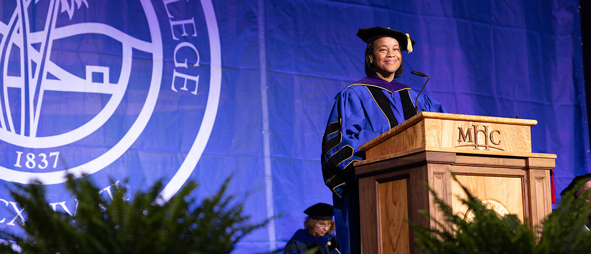 President Danielle R. Holley stands at the new Copper Beech podium on stage during the Commencement held on May 24, 2026.