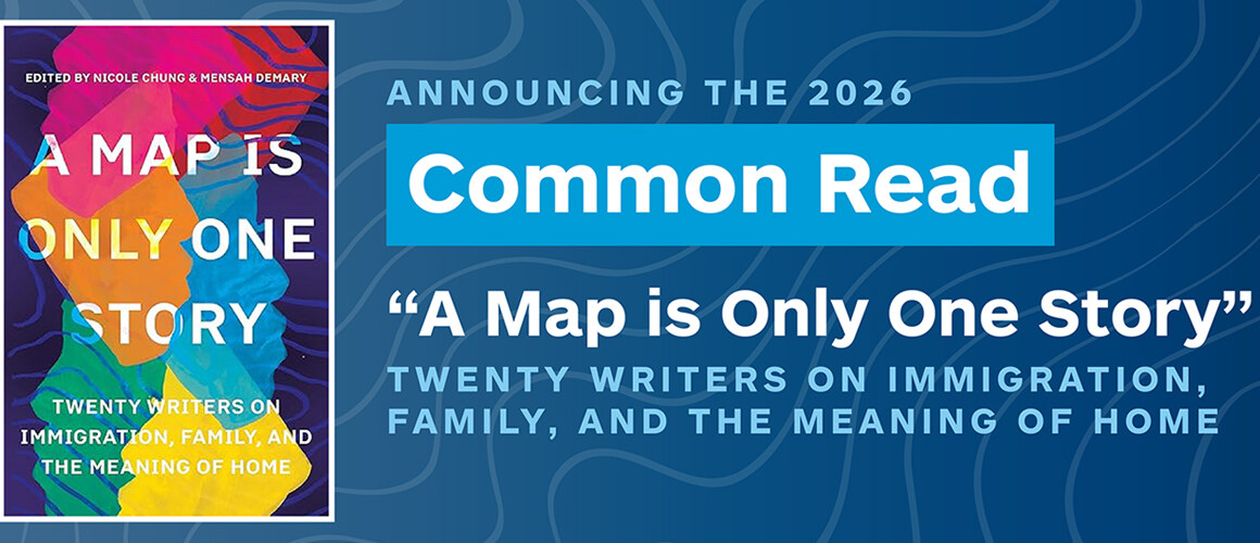 Common Read promotional graphic with book cover for "A Map is Only One Story".