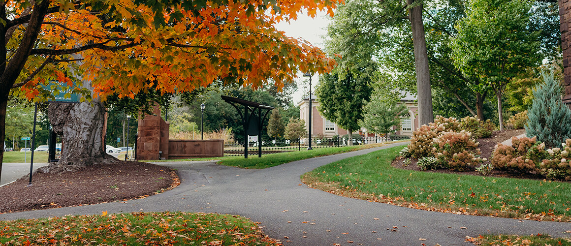 Pathway by the Gates of Mount Holyoke in the fall.